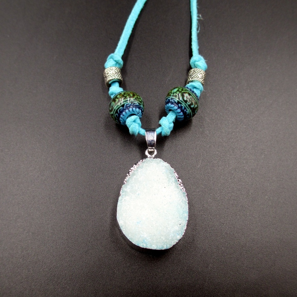 Blue Crystal Stone Leather Cord Necklace Hangs 15" - Picture 2 of 6